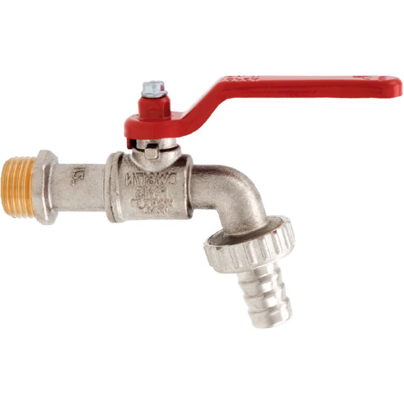 foto del prodotto 433805 valvola di scarico a sfera 3 4 in ottone rubinetto portagomma, leva rossa in alluminio e bullone di bloccaggio, rubinetto esterno per giardino