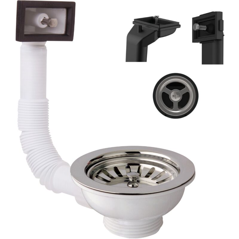 foto del prodotto 439410 piletta universale per lavelli in acciaio con troppopieno rettangolare e tondo, design tipo basket, foro lavello 90mm, uscita da 1 1 2 ,