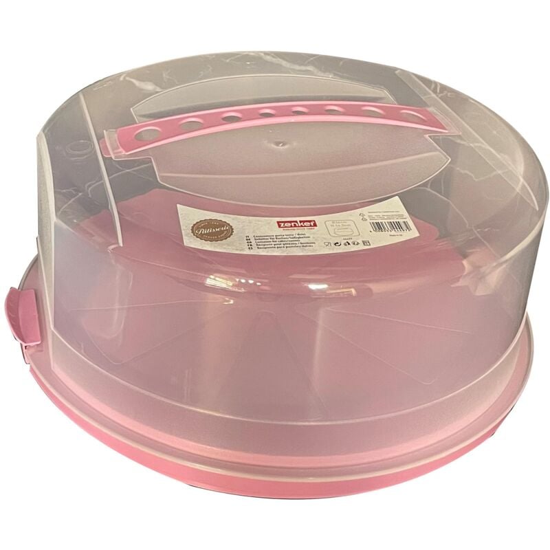 foto del prodotto 44497 porta torta rotondo con coperchio, porta dolci con 2 chiusure di sicurezza, campana per dolci, plastica, base rosa e coperchio trasparente con