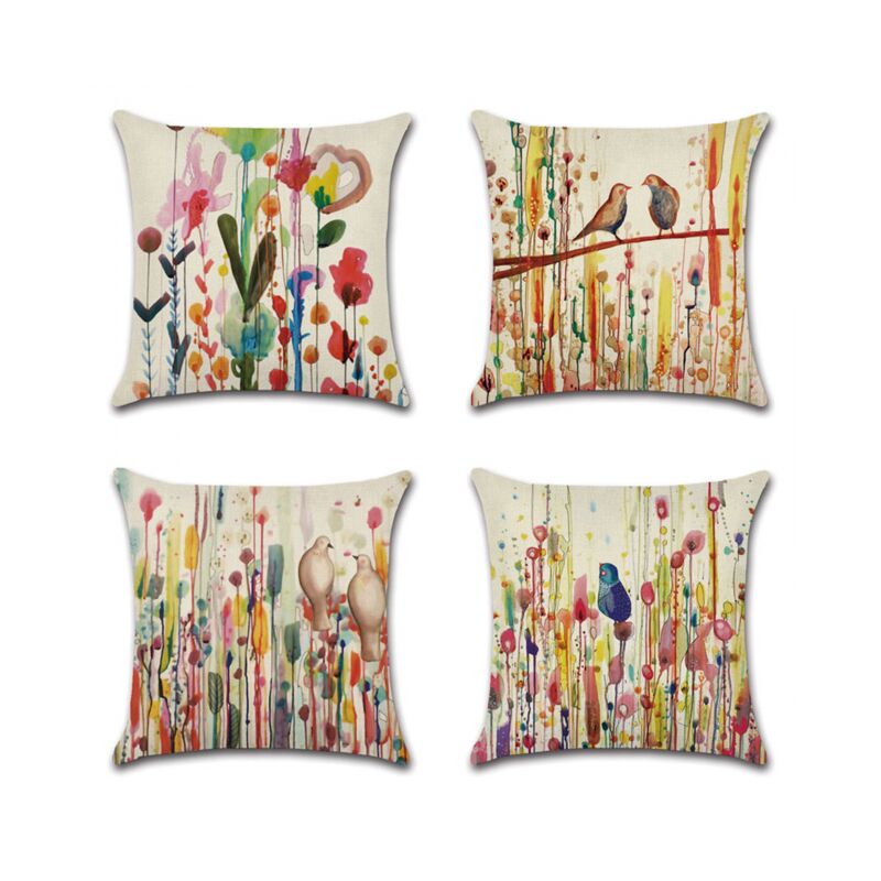 foto del prodotto 45 x 45 cm, set di 4 federe per cuscini in lino, decorazioni floreali con uccelli della vita per divano, giardino esterno, letto, divano, auto