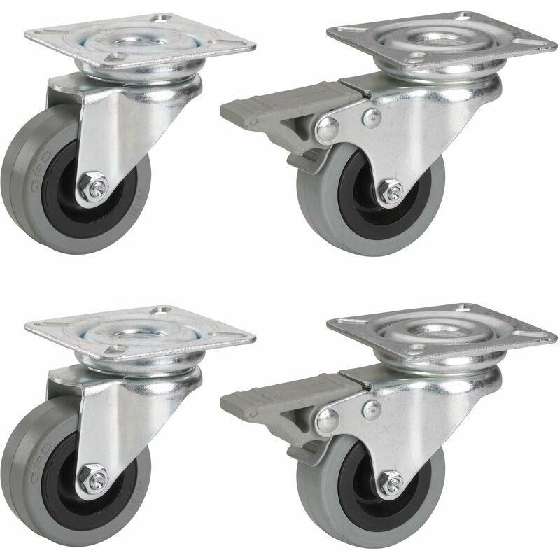 foto del prodotto 450100 450100 rotelle per apparecchio 50 mm 4 pezzi, 2 con freno, ruota in gomma, piastra 42 x 42 mm, portata 105 kg, mobili, ruote orientabili ,