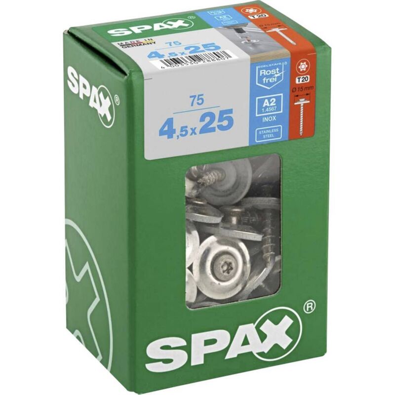 foto del prodotto 4587000450257 vite spengler 4.5 mm 25 mm t star plus acciaio inox a2 75 pz. spax