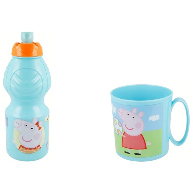 foto del prodotto 4735, confezione peppa pig, composta da tazza microonde da 350 ml e bottiglia d acqua da 400 ml, prodotto riutilizzabile, senza bpa