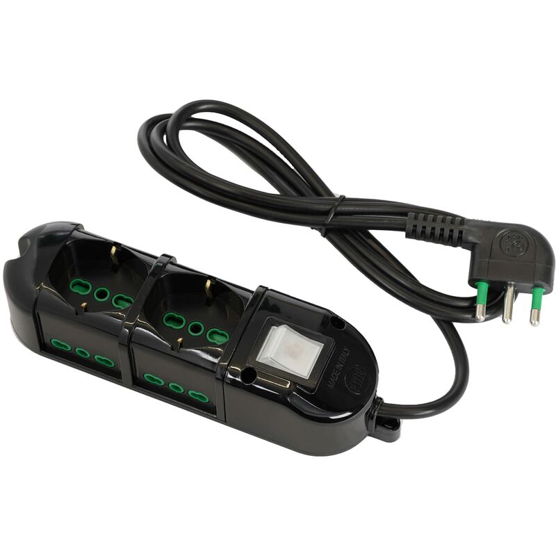 foto del prodotto 48113 b multipresa elettrica 6 posti con 2 prese universali e 4 prese bivalenti italiane laterali ciabatta spina grande 16a colore nero fanton