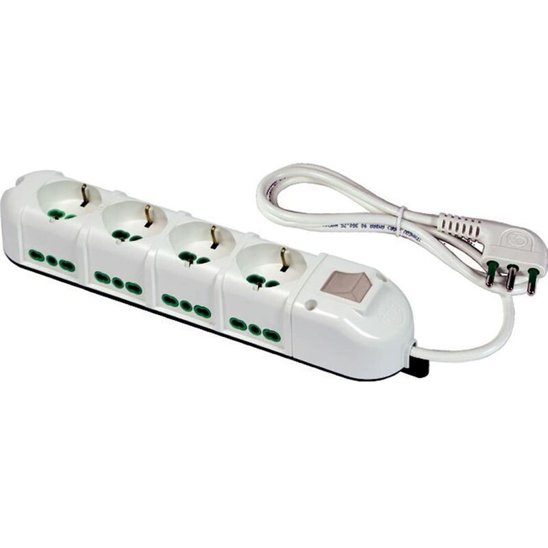 foto del prodotto 48132 b multipresa elettrica 12 posti con 4 prese universali e 8 prese bivalenti italiane laterali ciabatta spina grande 16a colore bianco fanton
