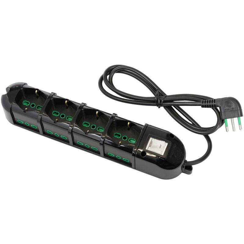 foto del prodotto 481334 b multipresa elettrica 12 posti con 4 prese universali e 8 prese bivalenti italiane laterali ciabatta spina piccola 10a colore nero fanton