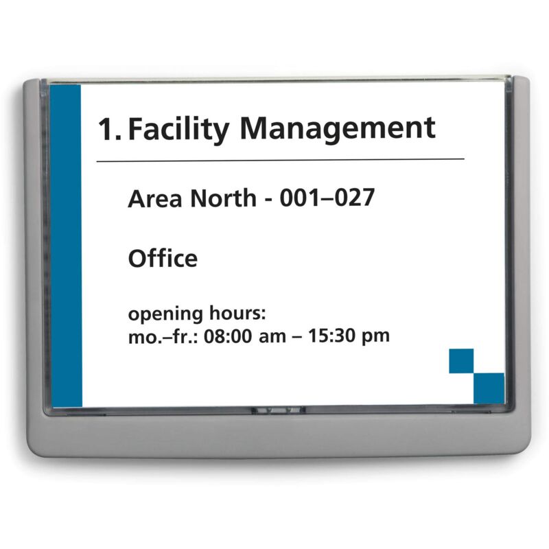 foto del prodotto 486637 click sign, targa fuori porta in abs, sportellino apribile con tasto, installazione con viti o biadesivo, 210x148,5 mm, grafite - durable