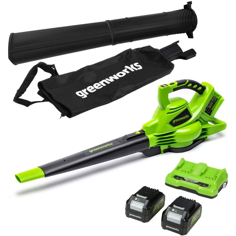 foto del prodotto 48v 2x24v aspirafoglie soffiatore a batteria con tracolla, motore brushless, 322km h, 9m min, sacco di raccolta 45l, 2 4ah batterie, e