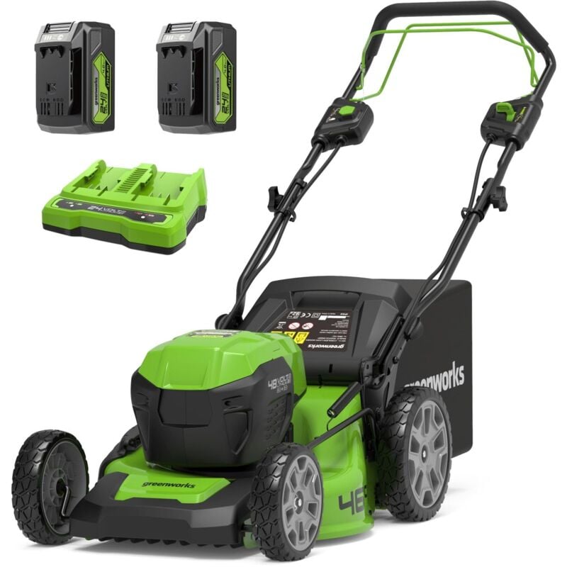 foto del prodotto 48v 2x24v tagliaerba semovente a batteria per prati fino a 480m , ampiezza di taglio 46cm, con due batterie 4ah e caricabatterie doppio