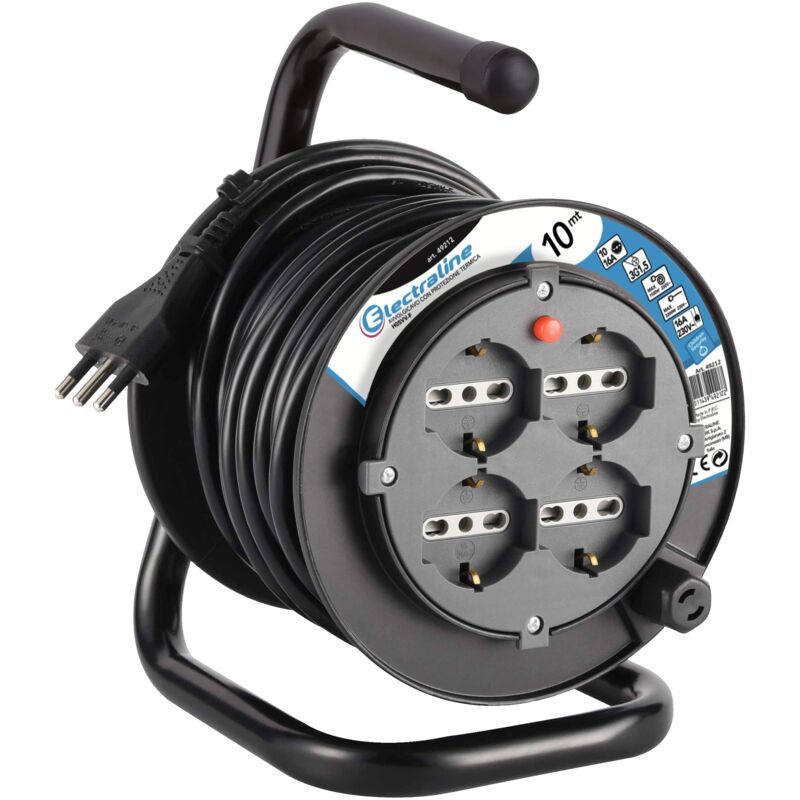foto del prodotto 49212 prolunga elettrica con avvolgicavo 10 mt 4 prese polivalenti schuko 10 16a spina grande 16a, con protezione, nero sezione cavo 3g1,5 mm 