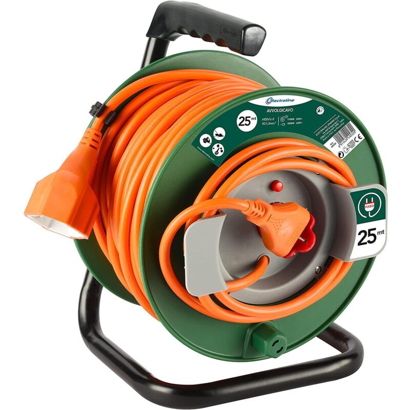 foto del prodotto 49232 avvolgicavo con presa universale adatta per elettrodomestici da giardinaggio, protezione termica, 25mt., sezione cavo 3g1,5 mm electraline