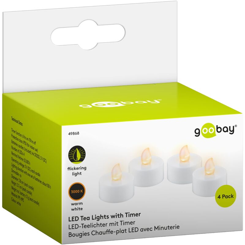 foto del prodotto 49868 set di 4 lumini led con funzione timer, luce bianca calda, 3,8 cm 3,7 cm di altezza, bianco, batterie incluse cr2032 goobay