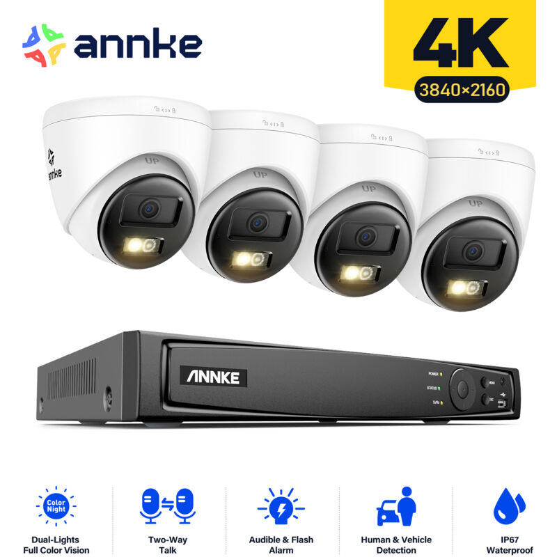 foto del prodotto 4k kit di videosorveglianza cablata 8ch nvr 4 telecamere intelligent dual light audio bidirezionale,visione notturna,rilevamento movimento kit di