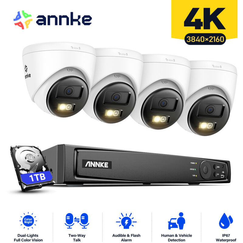 foto del prodotto 4k kit di videosorveglianza cablata 8ch nvr 4 telecamere intelligent dual light audio bidirezionale,visione notturna,rilevamento movimento kit di
