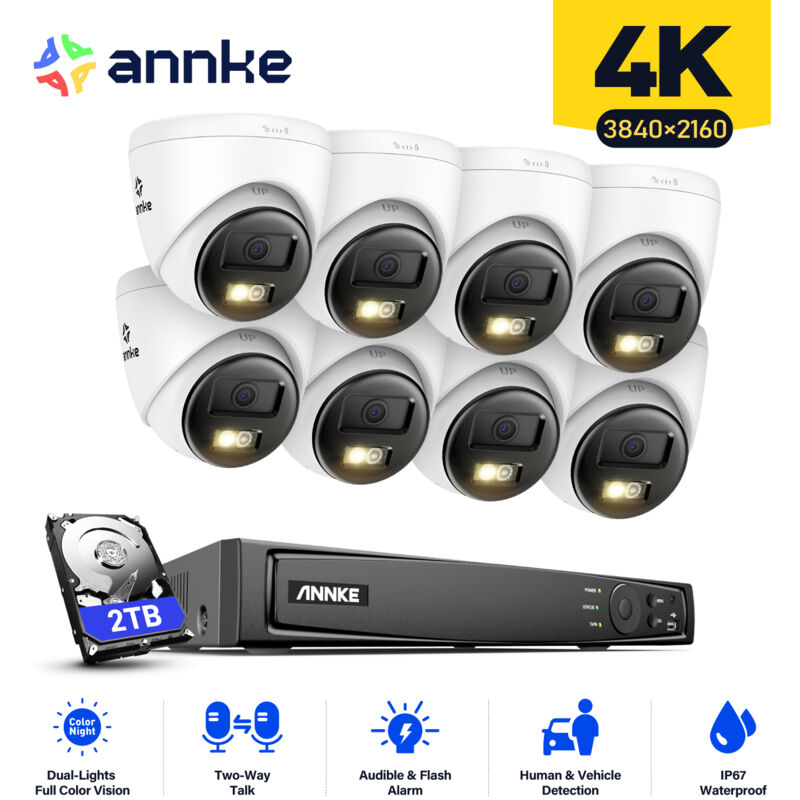 foto del prodotto 4k kit di videosorveglianza cablata 8ch nvr 8 telecamere intelligent dual light audio bidirezionale,visione notturna,rilevamento movimento kit di