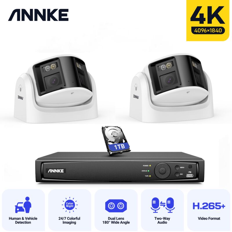 foto del prodotto 4k kit videosorveglianza esterno poe 8mp telecamera panoramica 180 ,audio bidirezionale, sistema di telecamere di sicurezza 2pcs 1tb hdd annke