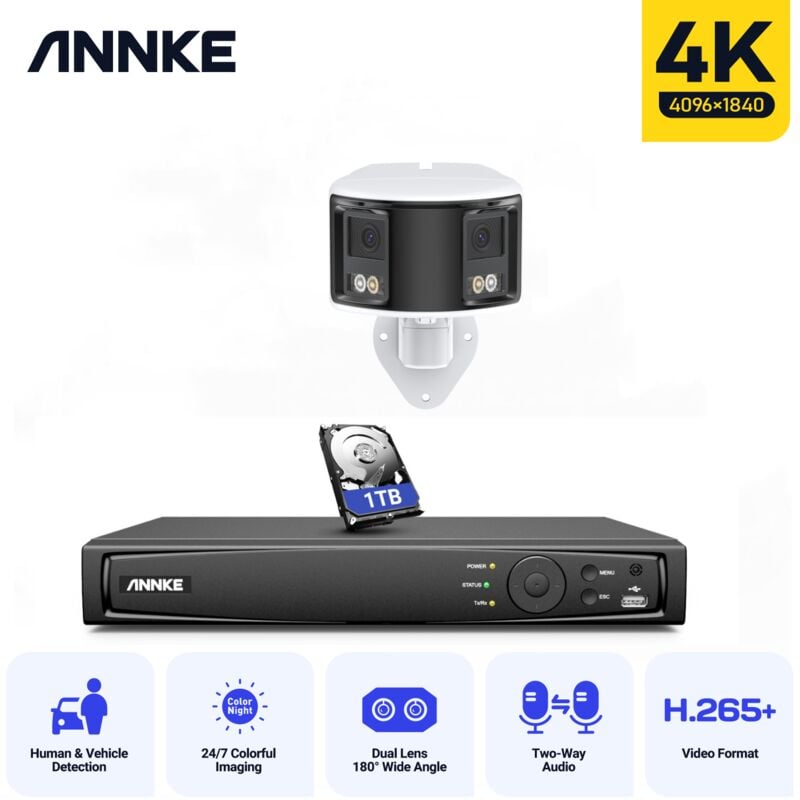foto del prodotto 4k poe kit di videosorveglianza panoramica 180 con doppia telecamera h.265 e audio bidirezionale 1tb hdd annke