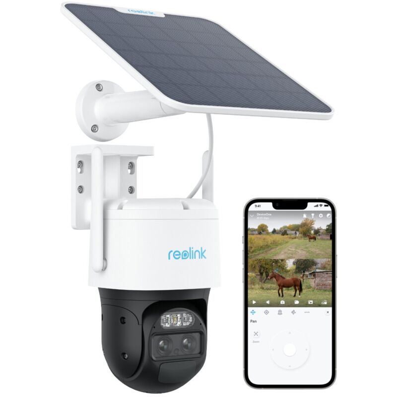 foto del prodotto 4mp 4g lte batteria telecamera di sicurezza, smart auto tracking 6x zoom, doppio obiettivo, proiettore, trackmix lte pannello solare reolink