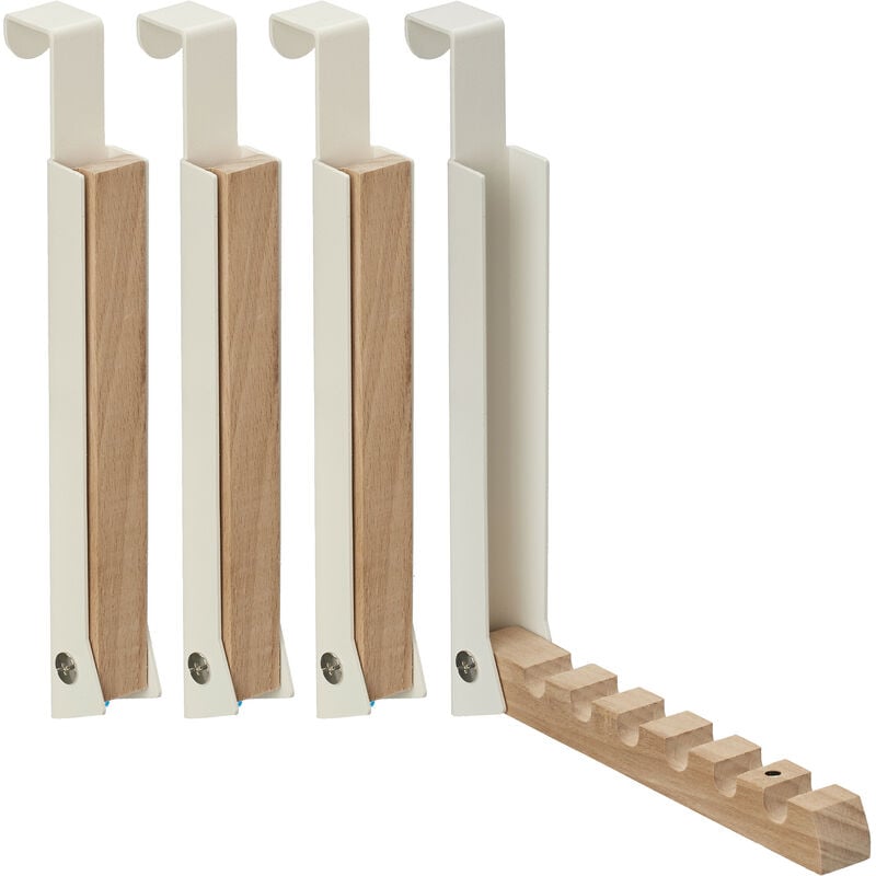 foto del prodotto 4x appendiabiti pieghevole da porta, 6 ganci per grucce, appendino per porte spesse 2 cm, ferro e legno, crema