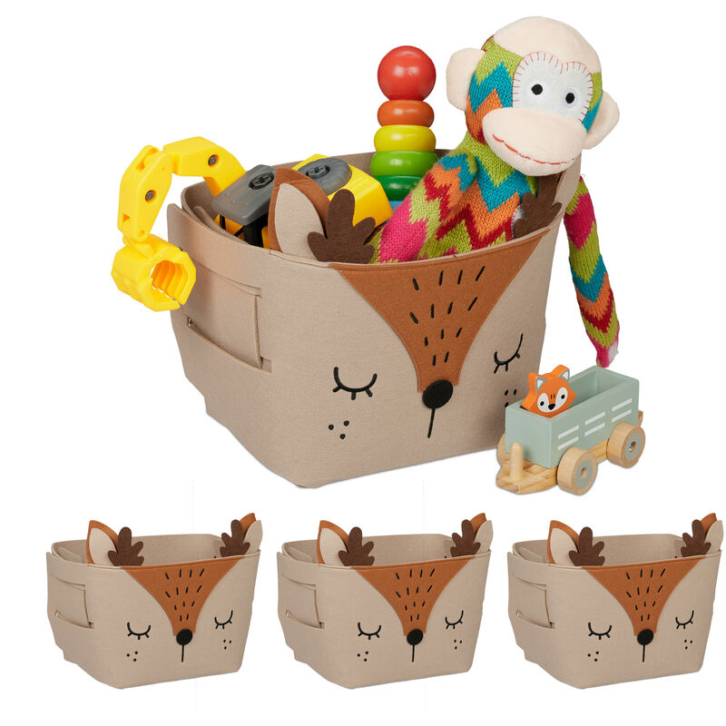 foto del prodotto 4x box portagiocattoli, cesta portaoggetti, feltro, hlp 24x27x18 cm, design con cerbiatto, camera bambini, marrone