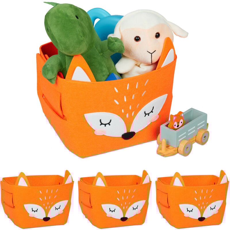 foto del prodotto 4x box portagiocattoli, cesta portaoggetti, feltro, hlp 24x27x18 cm, design con volpe, camera bambini, arancione