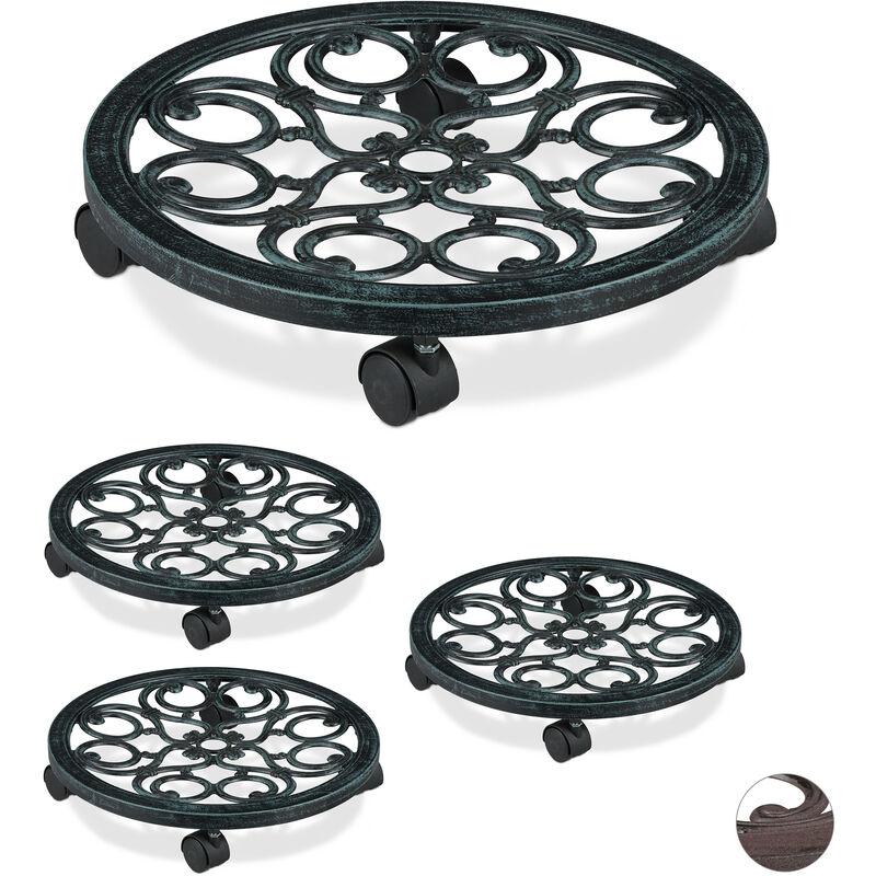 foto del prodotto 4x carrello portavasi rotondo, metallo, sottovaso da interni ed esterni antico 38 cm, per vasi, verde