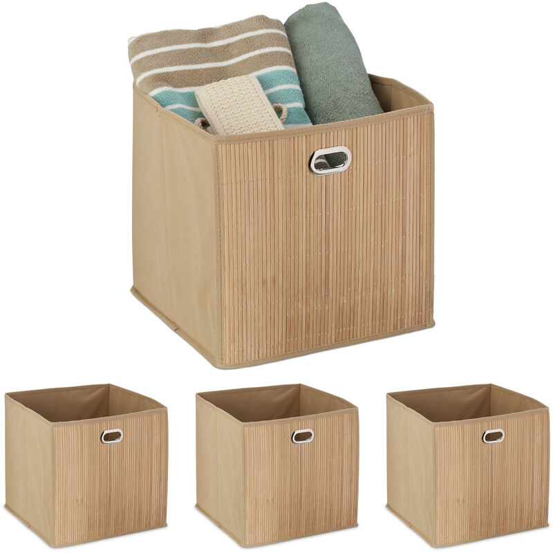 foto del prodotto 4x contenitore portaoggetti in bamb , scatola alta da bagno, quadrata, hlp 31 x 31 x 31 cm, pieghevole, naturale