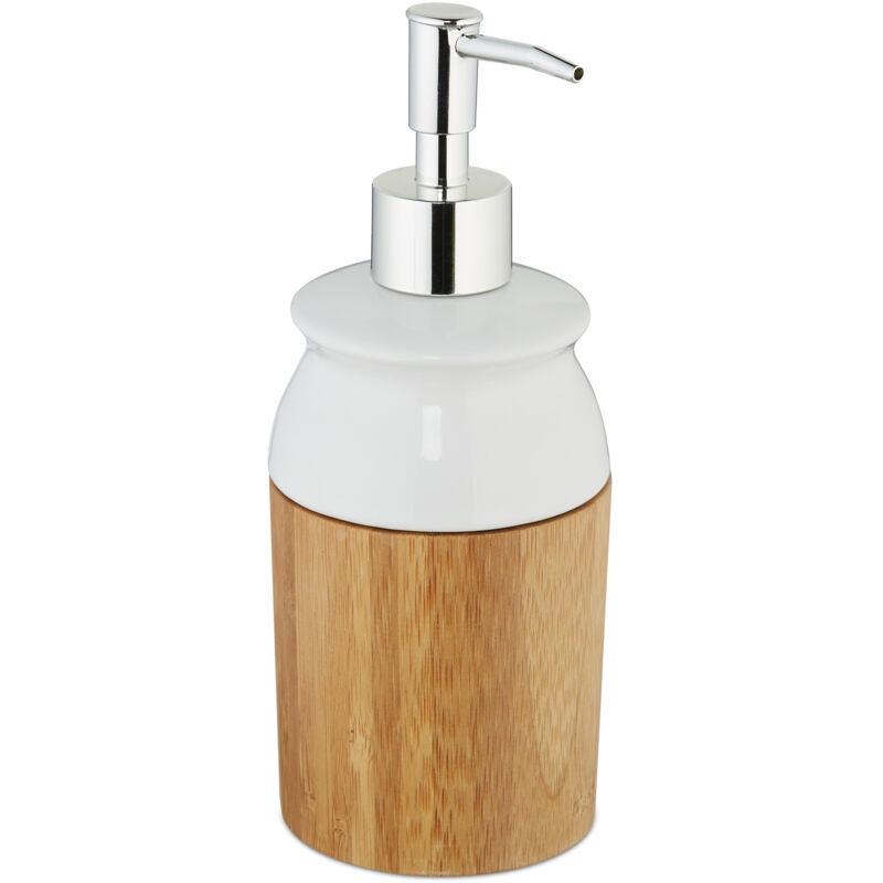 foto del prodotto 4x dispenser di sapone, ricaricabile con testa a pressione, in bambù ceramica, bagno, 225 ml, naturale bianco