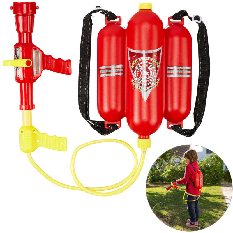 foto del prodotto 4x fucile ad acqua da pompieri, serbatoio da 2,5 l, gittata di 5 m, zaino antincendio per bambini, rosso giallo