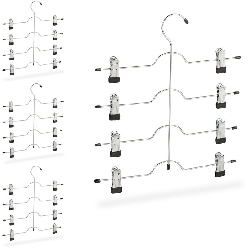 foto del prodotto 4x grucce multiple, stampelle per gonne o pantaloni con 4 supporti ognunga, con pinze, salvaspazio, antiscivolo, argento