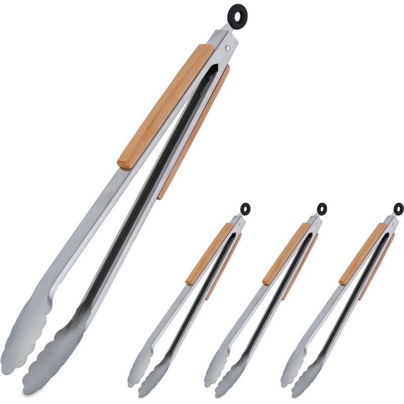 foto del prodotto 4x pinza da barbecue, acciaio inox e manico in legno, accessori griglia e cucina, lunga 38 cm, argentato marrone
