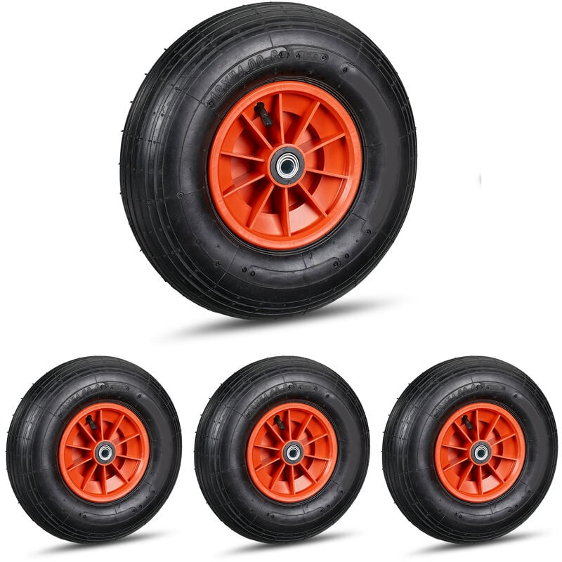 foto del prodotto 4x ruota per carriola 4.00 6, cerchione in plastica, ad aria, 3 adattatori, pneumatico di scorta, nero rosso