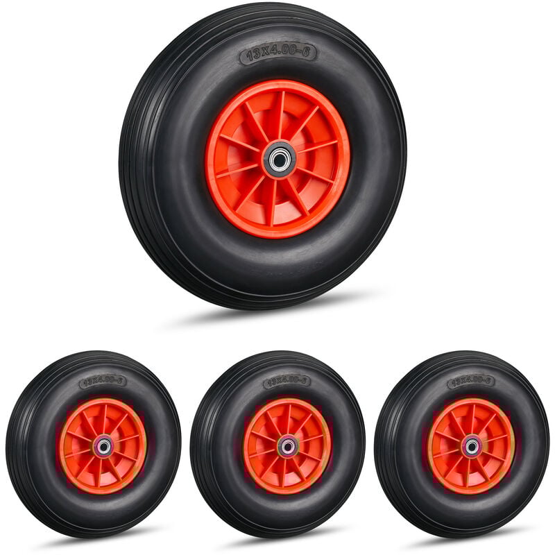 foto del prodotto 4x ruota per carriola 4.00 6, gomma piena e cerchione in plastica, 3 adattatori, max 100 kg, nero rosso