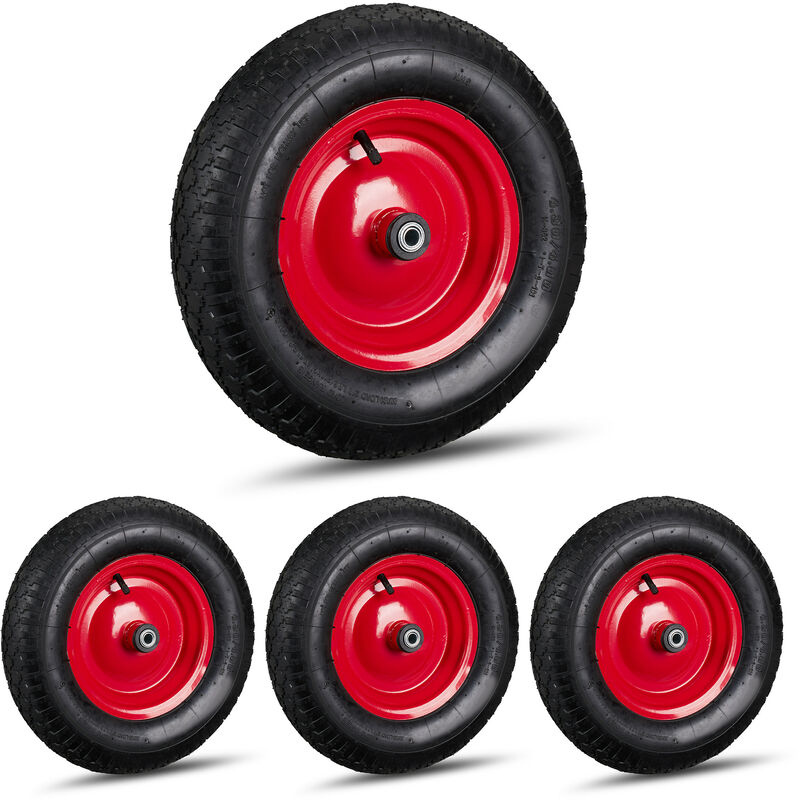 foto del prodotto 4x ruota per carriola 4.80 4.00 8, ad aria, cerchione in acciaio, 3 adattatori, max 120 kg, nero rosso
