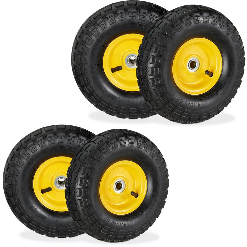 foto del prodotto 4x ruote per carrello 4.1 3.5 4, gomme di scorta carriola, asse 16 mm, fino 136 kg, 260 x 85 mm, nero giallo