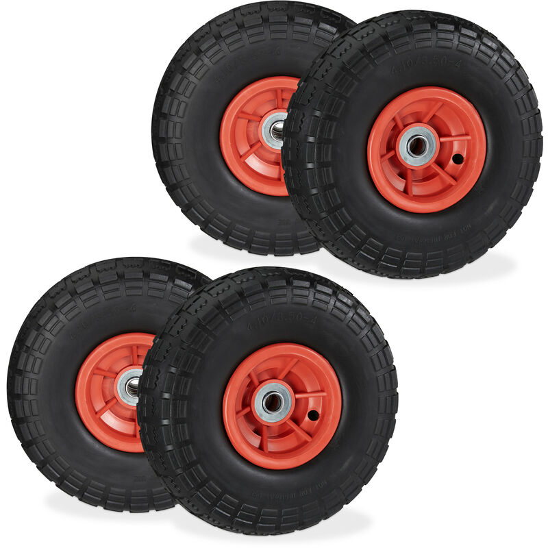 foto del prodotto 4x ruote per carrello, pneumatici in gomma antipanne, 4.1 3.5 4 , asse 16mm, fino a 150 kg, 260x85mm, rosso nero