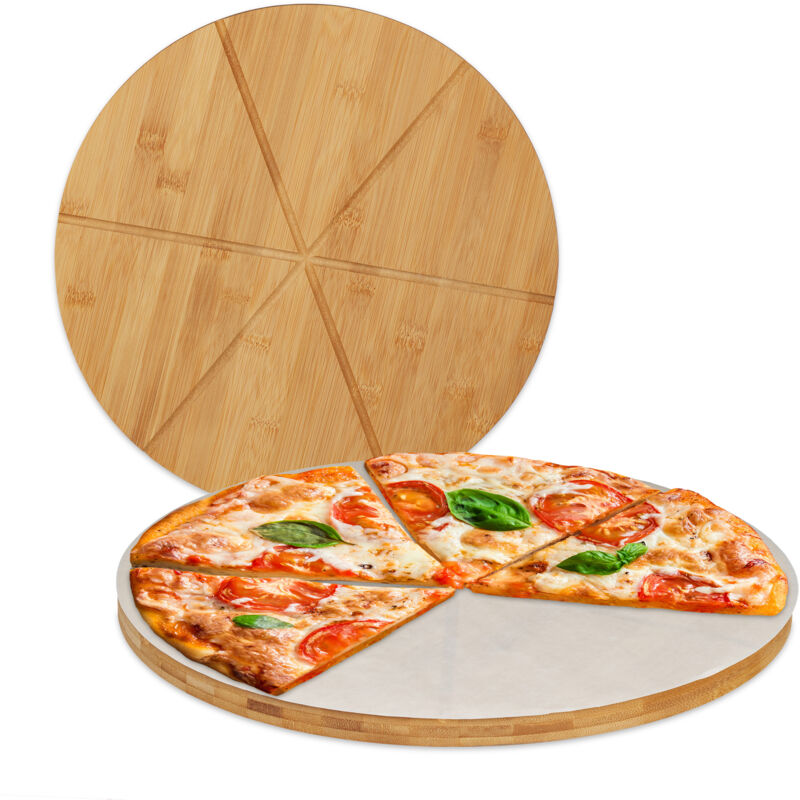 foto del prodotto 4x taglieri per pizza di bamb in set da 4, piatti tondi 33cm, carta da forno inclusa, scanalature, naturale