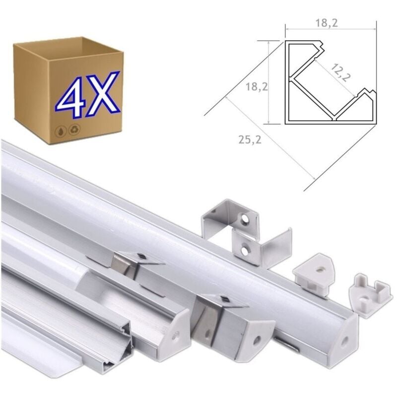 foto del prodotto 4x1m profilo in alluminio pianelli led angolo con coperchio traslucido 18,2x18,2 mm profilo a strisce led jandei