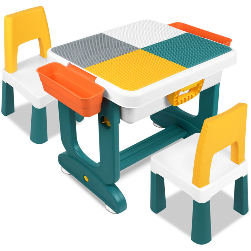 foto del prodotto 5 in 1 set tavolo e sedie per bambini regolabili con blocchi da 300 pezzi, tavolo da gioco grandi costruzioni multifunzionali set, con 2 sedie aufun