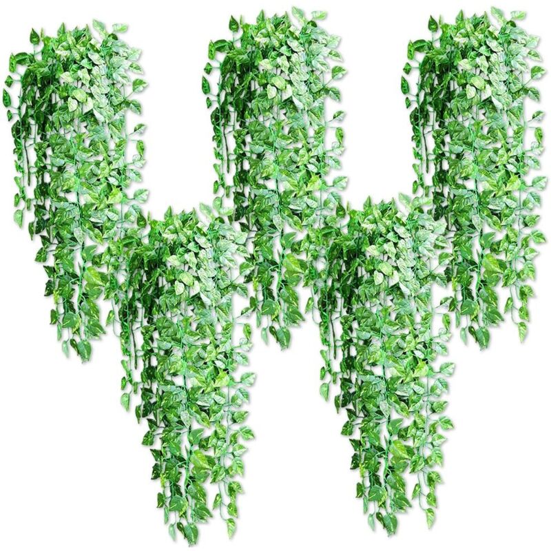 foto del prodotto 5 pezzi di piante artificiali sospese, foglie di edera finta scindapsus verde da 90 cm appese per la decorazione della casa