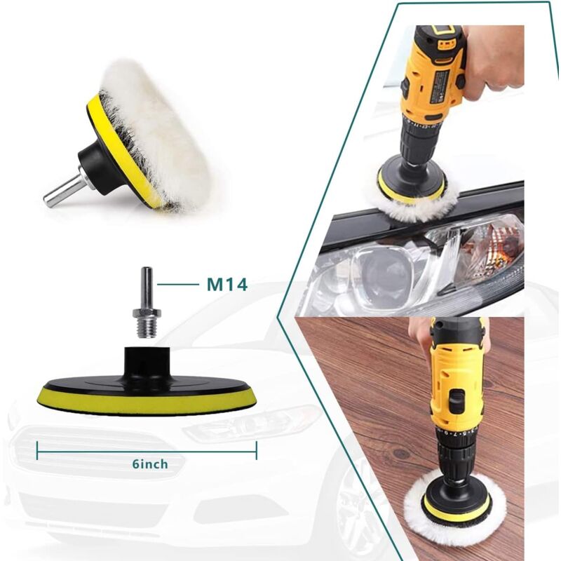 foto del prodotto 5 pezzi di tamponi lucidanti in lana, mola per lucidatura a trapano, con adattatore per trapano m14, accessori universali per auto, moto,