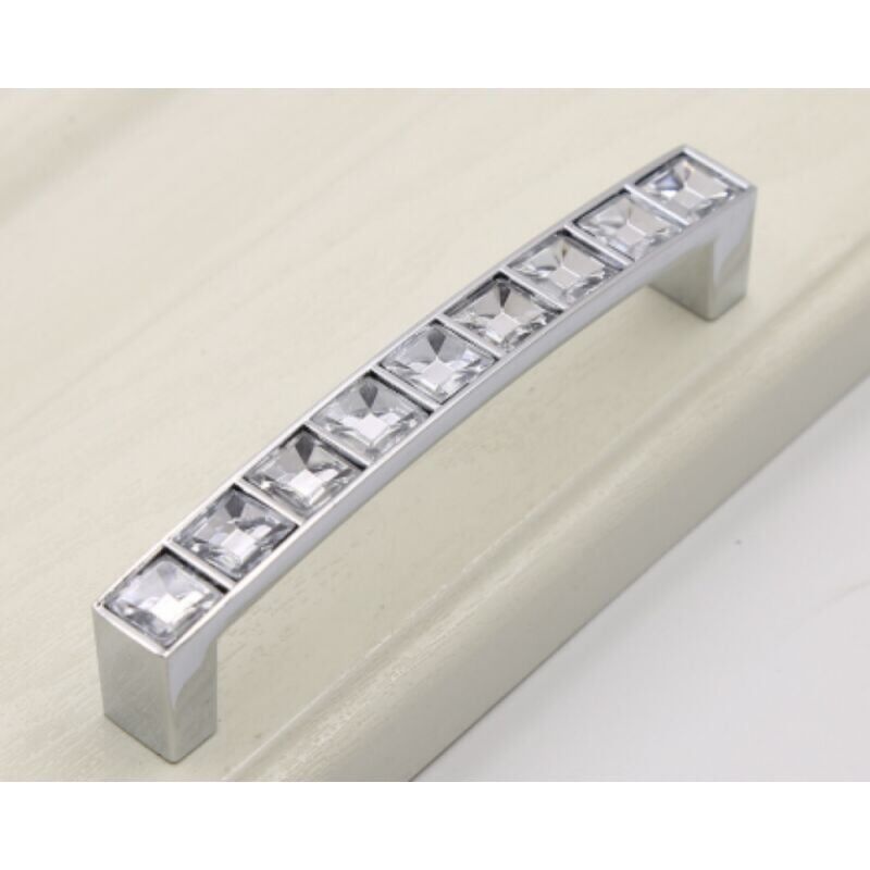 foto del prodotto 5 pezzi, distanza fori 96 mm maniglie per cassetti in vetro diamantato, pomelli per mobili in cristallo con strass trasparenti per cassettiere,