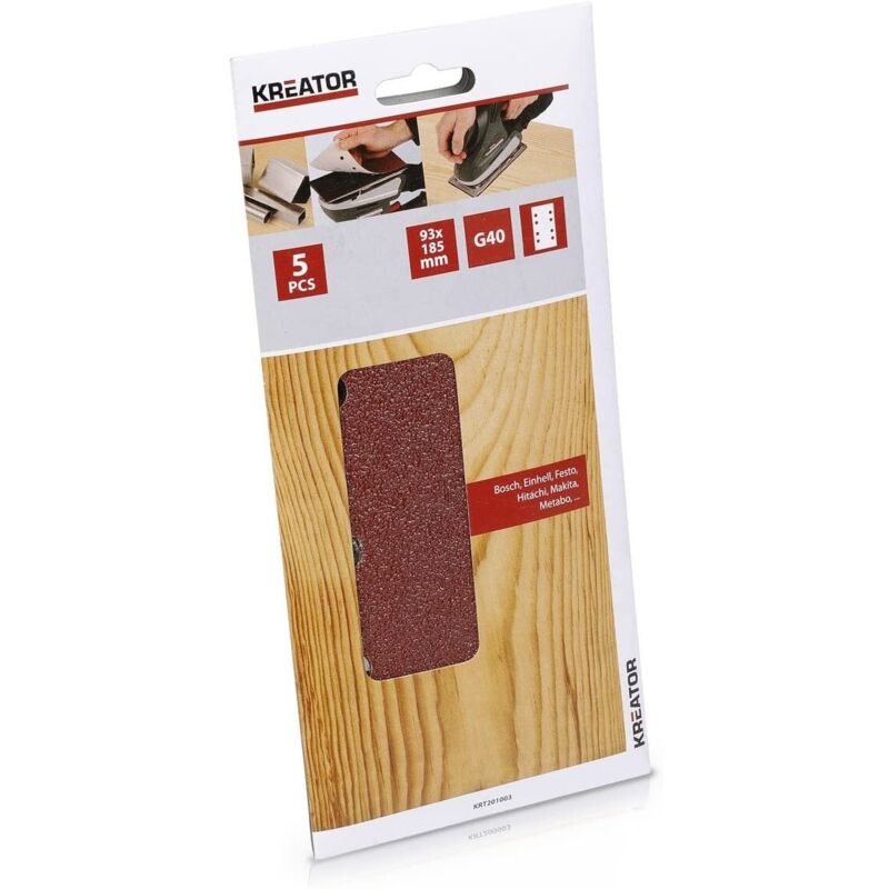 foto del prodotto 5 pezzi fogli di carta abrasiva rettagolari per legno 93x185mm g. 40 kreator
