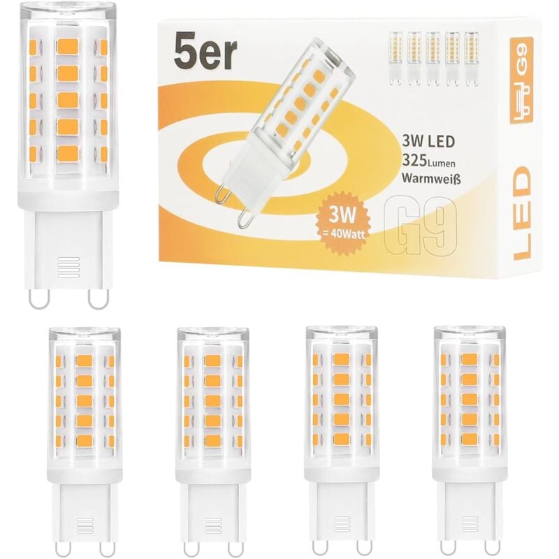 foto del prodotto 5 pezzi lampadine g9 led bianco caldo 3000k, lampadina g9 led 220v, lampadina g9 3w in sostituzione di lampadine alogene da 28w, 30w e 40w, piccola