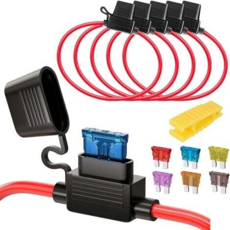 foto del prodotto 5 portafusibili a lama media 16awg impermeabili, con spina e filo, dc 32v 20a, per auto e camion, con 6 fusibili a lama standard e 1 estrattore per