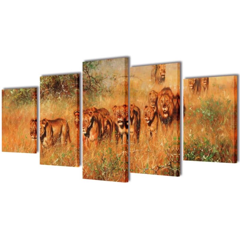 foto del prodotto 5 pz set stampa su tela da muro leoni 100 x 50 cm