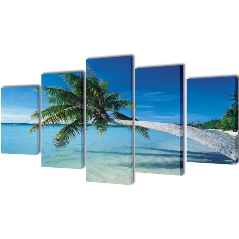 foto del prodotto 5 pz set stampa su tela da muro spiaggia con palma 200 x 100 cm