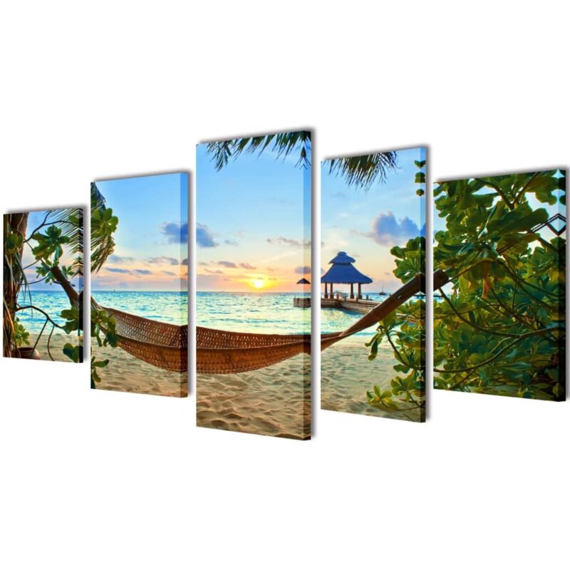 foto del prodotto 5 pz set stampa su tela da muro spiaggia di sabbia con amaca 200x100cm