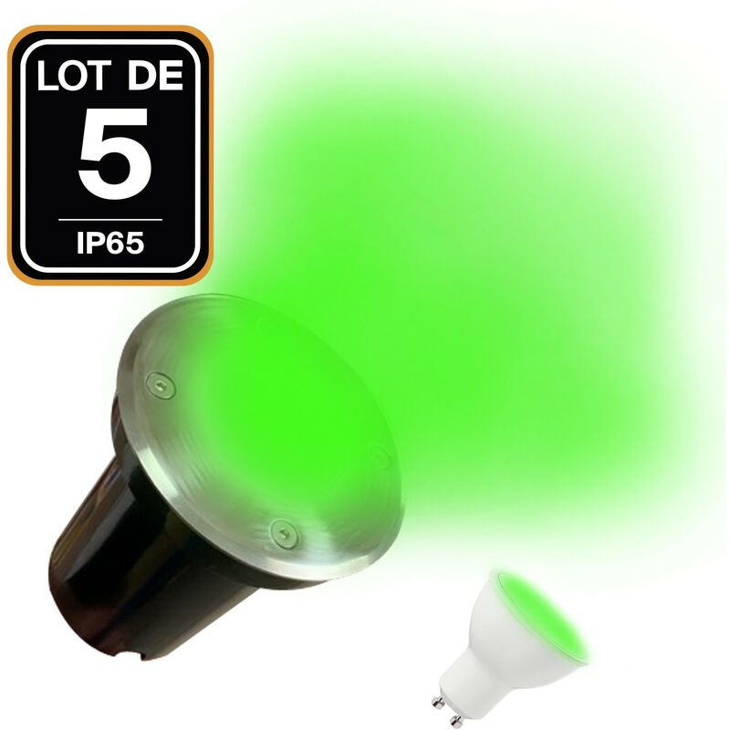 foto del prodotto 5 spots encastrables de sol rond inox 304 exterieur ip65 ampoules gu10 5w vert
