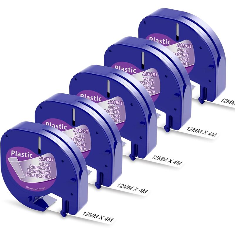 foto del prodotto 5 x nastro dymo letratag trasparente compatibile 12 mm x 4 m, nastro di ricarica per dymo trasparente 12267 s0721530 compatibile con etichettatrice
